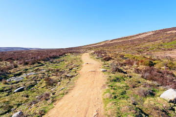 Under a blue sky a footpath rises and twists across Derwent Moor in Derbyshire.