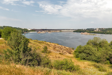 Fototapeta na wymiar Khortytsia island, Dnieper River and hydroelectric power plant. Zaporizhia, Ukraine.