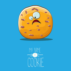 vector funny hand drawn homemade chocolate cookie character isolated on blue background. My name is cookie concept illustration. funky food character or bakery label mascot