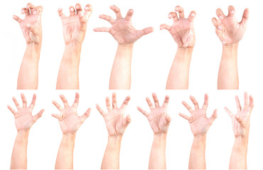 Multiple Male Caucasian hand gestures isolated over the white background, set of multiple images....