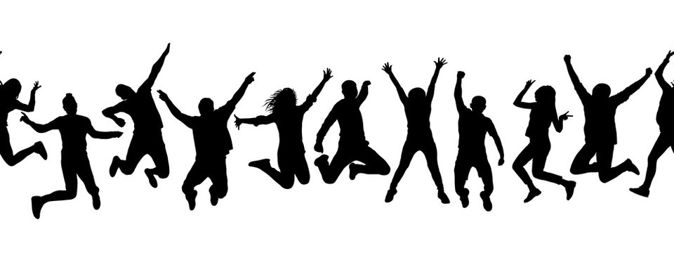 Silhouettes of many different jumping people, seamless pattern. Isolated on white background.