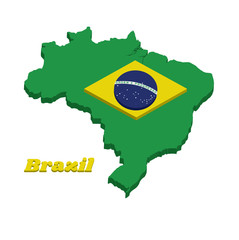 3D Map outline of Brazil, a green field with the large yellow diamond and blue globe with National Motto and star.
