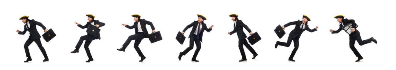 Businessman with tricorn and briefcase isolated on white