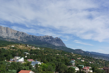 Beautiful view of AI-Petri mountain from the Eastern outskirts of Alupka village. Yalta, Crimea