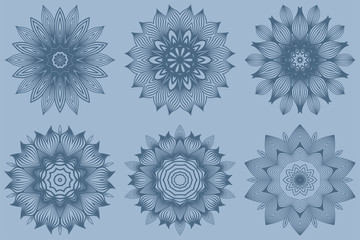 Set of Vector Round Abstract Mandala Style Decorative Element. Hand-Drawn Vector Illustration. Can Be Used For Textile, Greeting Card, Coloring Book, Phone Case Print. Pastel blue color