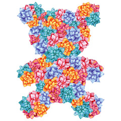 Floral silhouette of a teddy bear, hand drawn watercolor illustration, made of exotic tropical dahlia flowers in orange,  blue, pink and turquoise colors