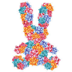 Floral silhouette of a bunny, hand drawn watercolor illustration, made of exotic tropical dahlia flowers in orange,  blue, pink and turquoise colors