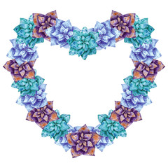 Heart shaped wreath, hand drawn watercolor illustration, made of exotic tropical dahlia flowers in purple and blue colors