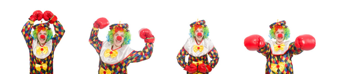 Clown with boxing gloves isolated on white