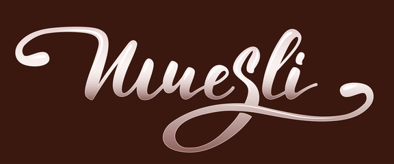 Muesli - hand lettering inscription design on brown background. Vector illustration.