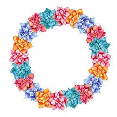 Round shaped wreath, hand drawn watercolor illustration, made of exotic tropical dahlia flowers in orange,  blue, pink and turquoise colors