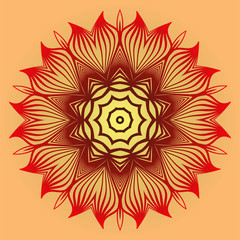 Fototapeta premium Ornamental Circle Pattern. Sacred Oriental Mandala. Color Floral Ornament. Vector Illustration. For Coloring Book, Card, Invitation, Tattoo. Anti-Stress Therapy Pattern. Red orange gold colour.