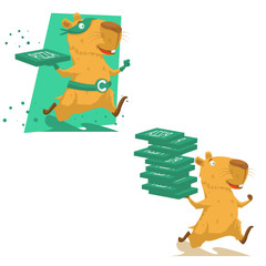 Cute hand drawn capybara running. Funny animal superhero character delivering pizza. Vector illustration