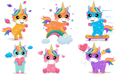 Cute fairytale rainbow colorful baby unicorn with stars. Magic fairy little pony fantasy unicorns cartoon vector illustration set 