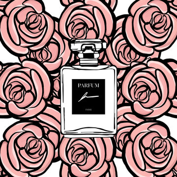 French perfume. Outline design elements. Fashion sketch. Glass bottles with floral aroma. Perfect for invitation, greeting card, poster. Rose flower seamless pattern. Hand drawn vector illustration