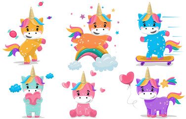 Cute fairytale rainbow colorful baby unicorn with stars. Magic fairy little pony fantasy unicorns cartoon vector illustration set 