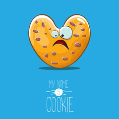 vector funny hand drawn homemade heart shape cookie character isolated on blue background. My name is cookie concept illustration. funky lovely food character or bakery label mascot