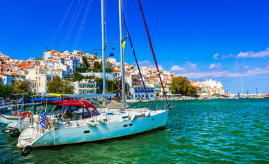 beautiful Skopelos island, view of Chora town and marina, northen Sporades of Greece