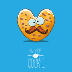 vector funny hand drawn homemade heart shape cookie character isolated on blue background. My name is cookie concept illustration. funky lovely food character or bakery label mascot