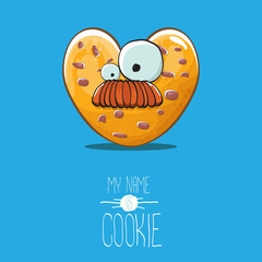 vector funny hand drawn homemade heart shape cookie character isolated on blue background. My name is cookie concept illustration. funky lovely food character or bakery label mascot