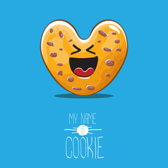 vector funny hand drawn homemade heart shape cookie character isolated on blue background. My name is cookie concept illustration. funky lovely food character or bakery label mascot