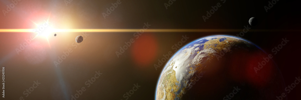 Wall mural sunrise over alien planet, exoplanet around a distant star (3d space rendering banner) - Wall murals