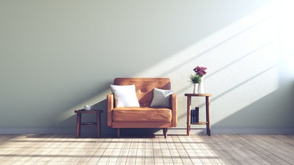Living room with Leather sofa have pillows, Minimal Rustic, 3D Rendering