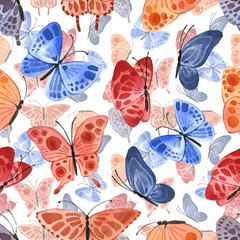 Pattern with bright cute butterflies, in watercolor style!