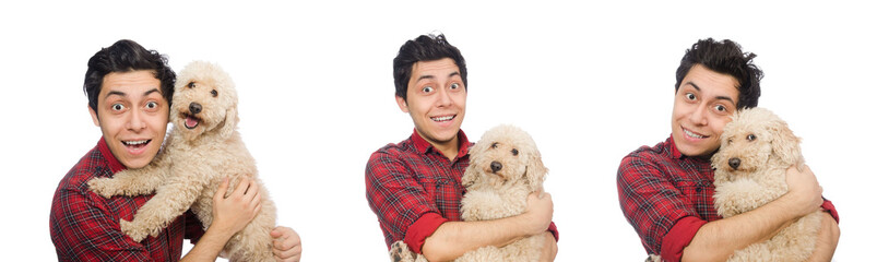 Young man with dog isolated on white