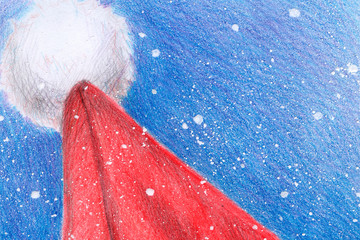 Santa Claus hat. Snow background illustration with colored pencils. christmas year winter