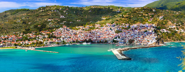 Beautiful greek islands- amazing Skopelos. view of town and port. Northen Sporades, Greece