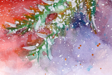 Christmas tree branch in the snow. watercolor