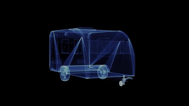 The hologram of a particle modern Trailer house. 3D animation of Travel truck house on a black background with a seamless loop