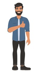 Happy smiling man shows thumbs up. Gesture, symbol or sign Like, cool, agree, approve. Bearded dark-haired guy with blue eyes in a shirt and jeans. Cartoon positive character on white background. 