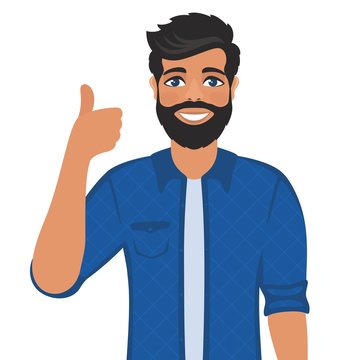 Happy smiling man shows thumbs up. Gesture, symbol or sign Like, cool, agree, approve. Bearded dark-haired guy with blue eyes in a shirt. Cartoon positive character on white background. Vector image.