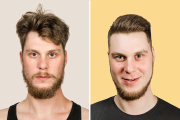 Change one guy before after: unshaven, uncut, scruffy, and the second with a haircut and styling, with long hair on background. Barber Shop Concept