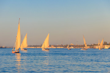 Felucca boats sailing on the Nile river in Luxor, Egypt. Traditional Egyptian sailing boats