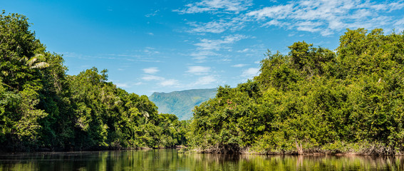 Beautiful sunny day  in the Amazonia Basin river. Corocoro river goes along Yutaje Community whicth...