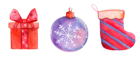New Year's set. sock. ball on the Christmas tree. snowflake. Christmas. Merry Christmas. gift and bow watercolor illustration