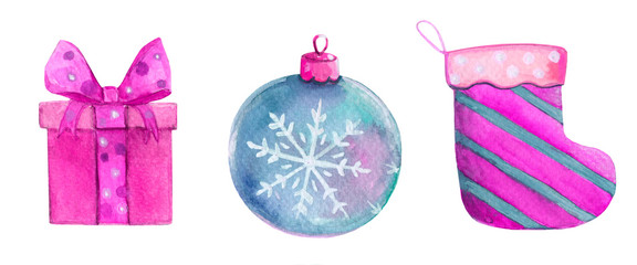 New Year's set. sock. ball on the Christmas tree. snowflake. Christmas. Merry Christmas. gift and bow watercolor illustration