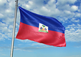 Fototapeta na wymiar Haiti flag waving sky background 3D illustration