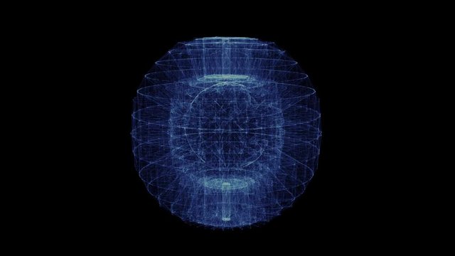 Hologram of a rotating planet Earth inside a sphere of particles. 3D globe animation networked with network connections on a black background with seamless loop