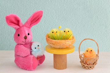 Easter chicks and pink rabbit
