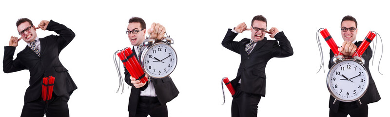 Man with time bomb isolated on white 