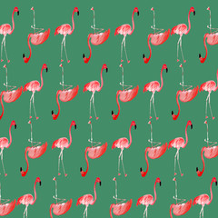 Fototapeta premium Tropical pattern with pink flamingos background. Exotic Hawaii art background. Design for fabric, wallpaper, textile and decor.