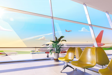 Cartoon airport terminal lounge with airplane on background. 3d illustration.
