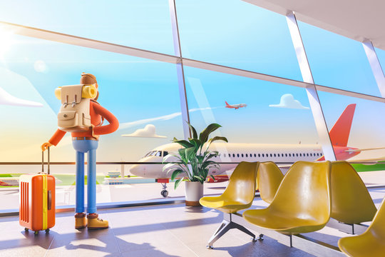 Cartoon character tourist in airport. 3d illustration. Man looking out the window at the plane flying away