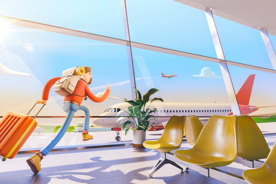 Cartoon character tourist late for flight in airport. 3d illustration.