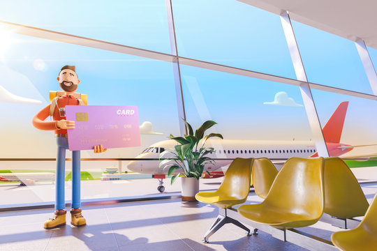 Cartoon character holds a big credit card in airport. 3d illustration. Concept of travel over the air miles