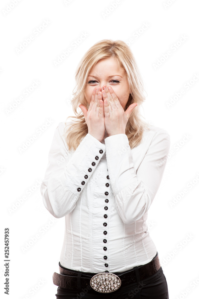 Wall mural Confident beauty. Girl in casual clothes posing at studio on gray background.